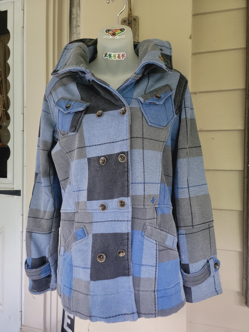 Vintage Y2K Hurley Plaid Double Breasted Peacoat Jacket Blue Gray Womens Size M